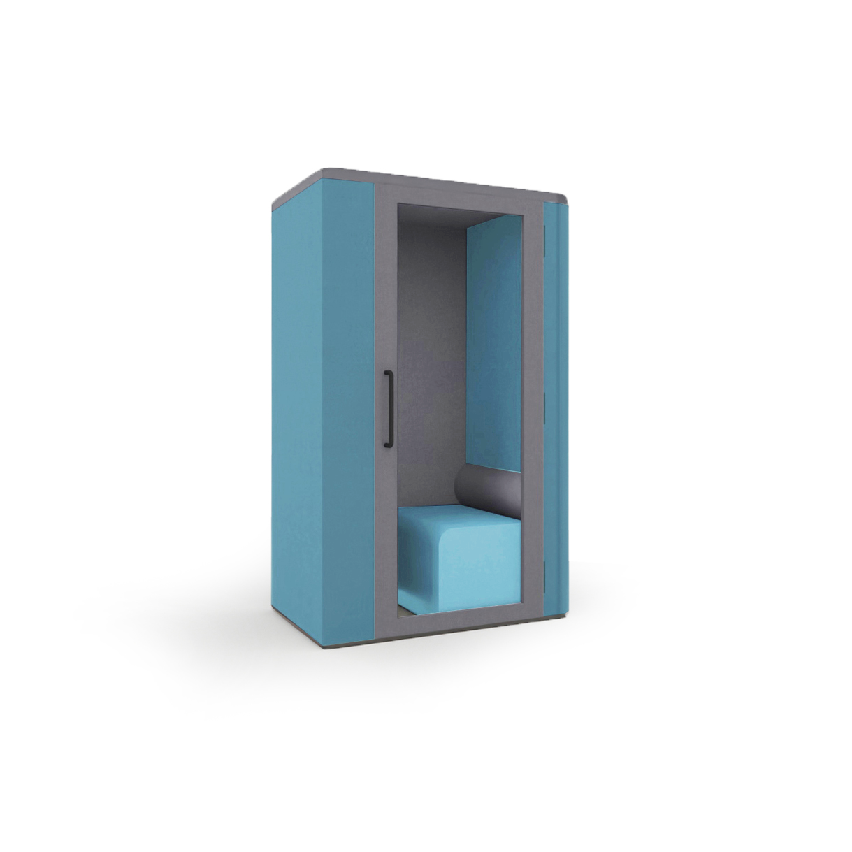 Blue and gray soundproof phone booth with a seat.