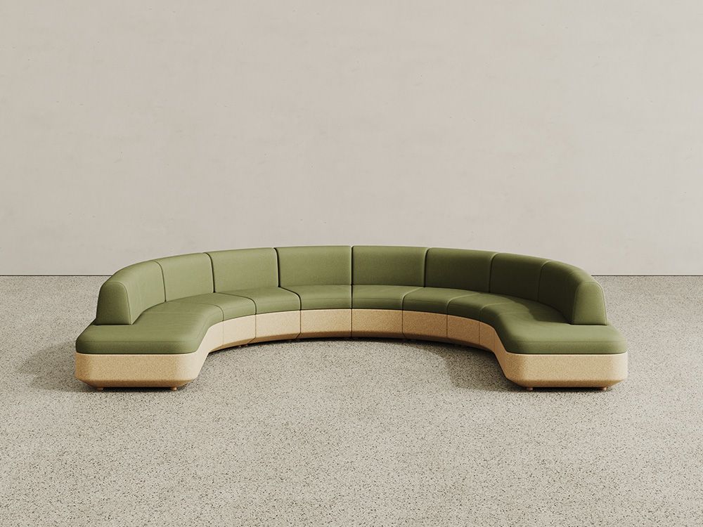 Tejo collection cork modular seating with cork base and sage green upholstery, configured as a semi circular sofa system