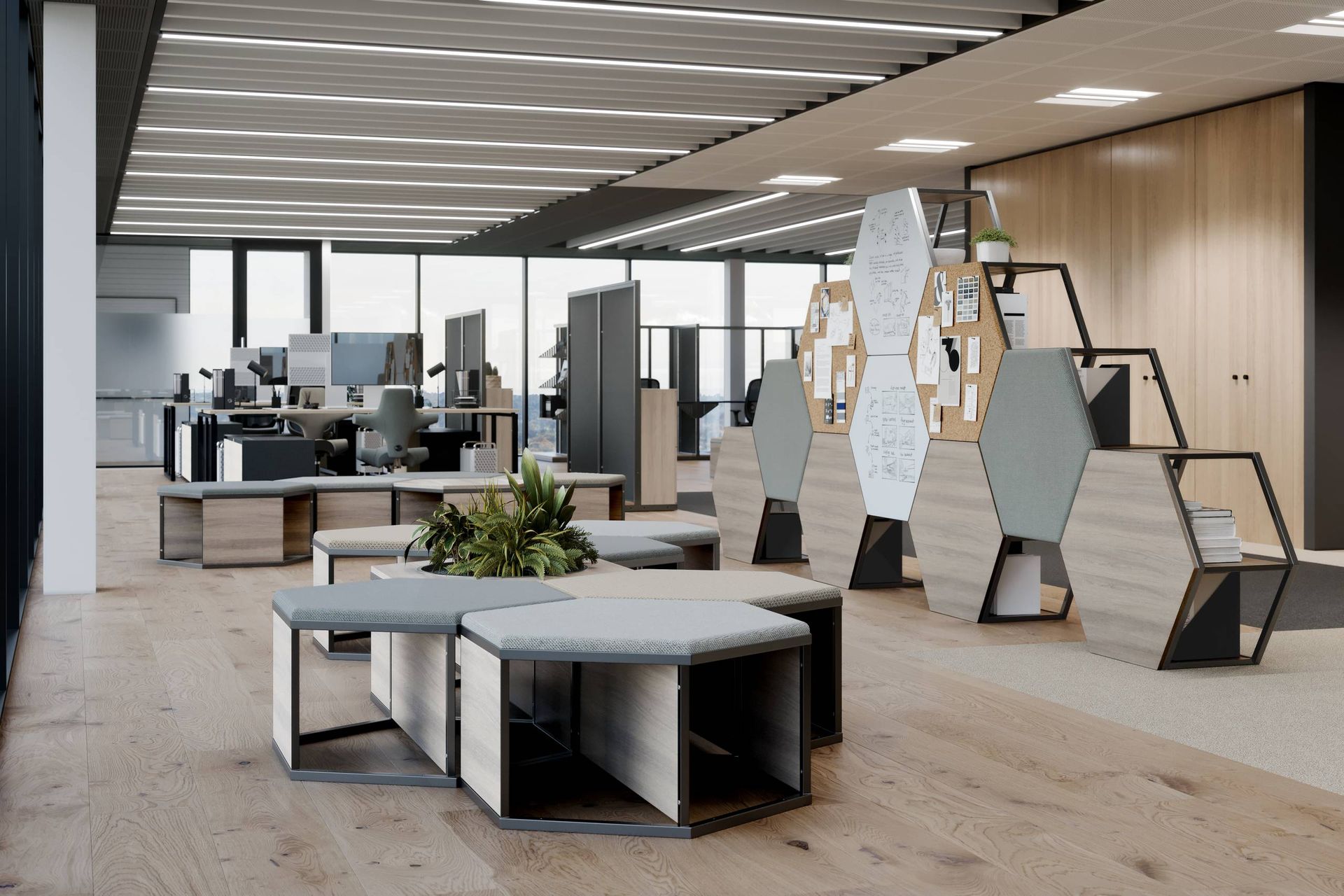 Modern office space with wooden floors, desks, and decorative honeycomb shelving.