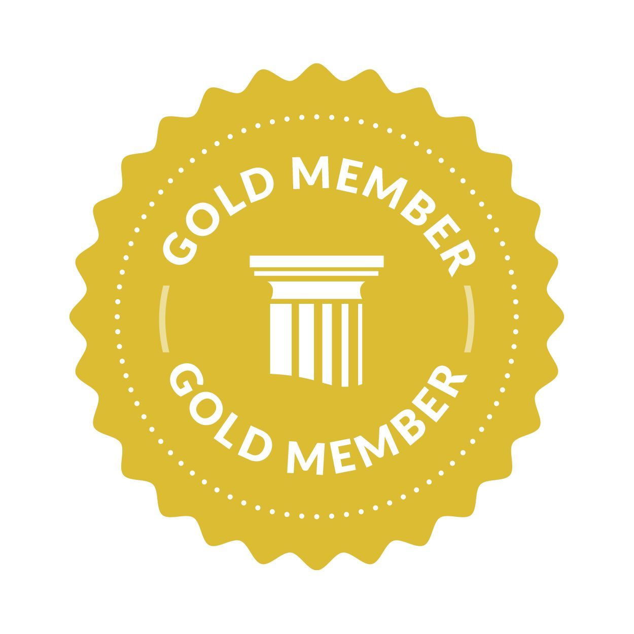 Gold member badge with column icon. Yellow and white color scheme.