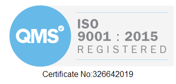 QMS ISO 9001:2015 Registered with certificate number. Light blue and gray colors.