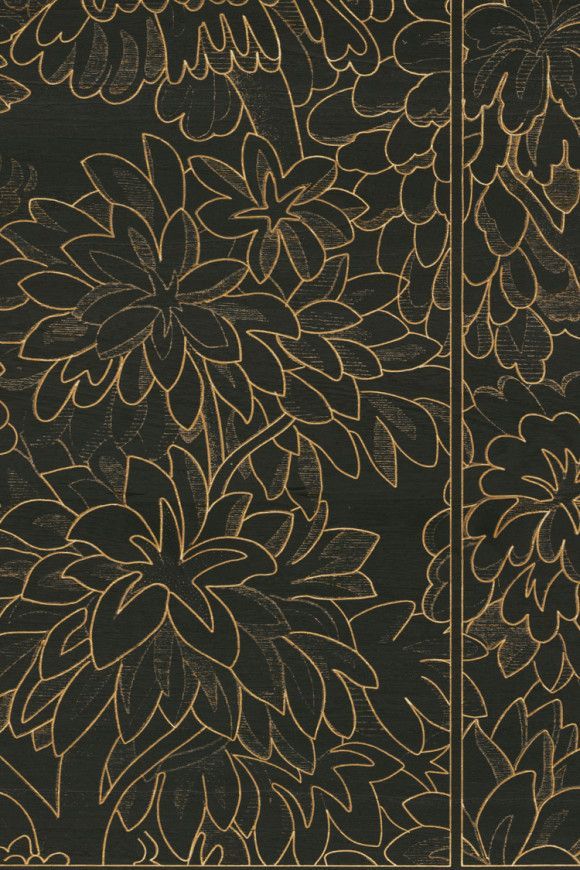 Dark background with gold outlines of stylized flowers and leaves, vertical border.
