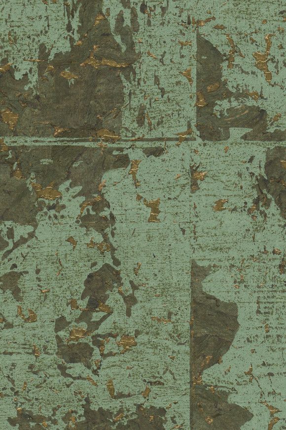 Textured wallpaper in shades of teal, brown, and gold, with a distressed, mottled appearance.