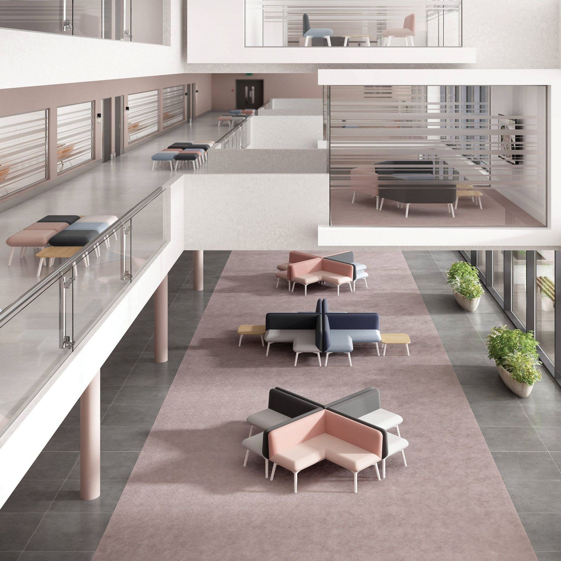 Modern office interior with seating areas, pink and gray hues, open design.