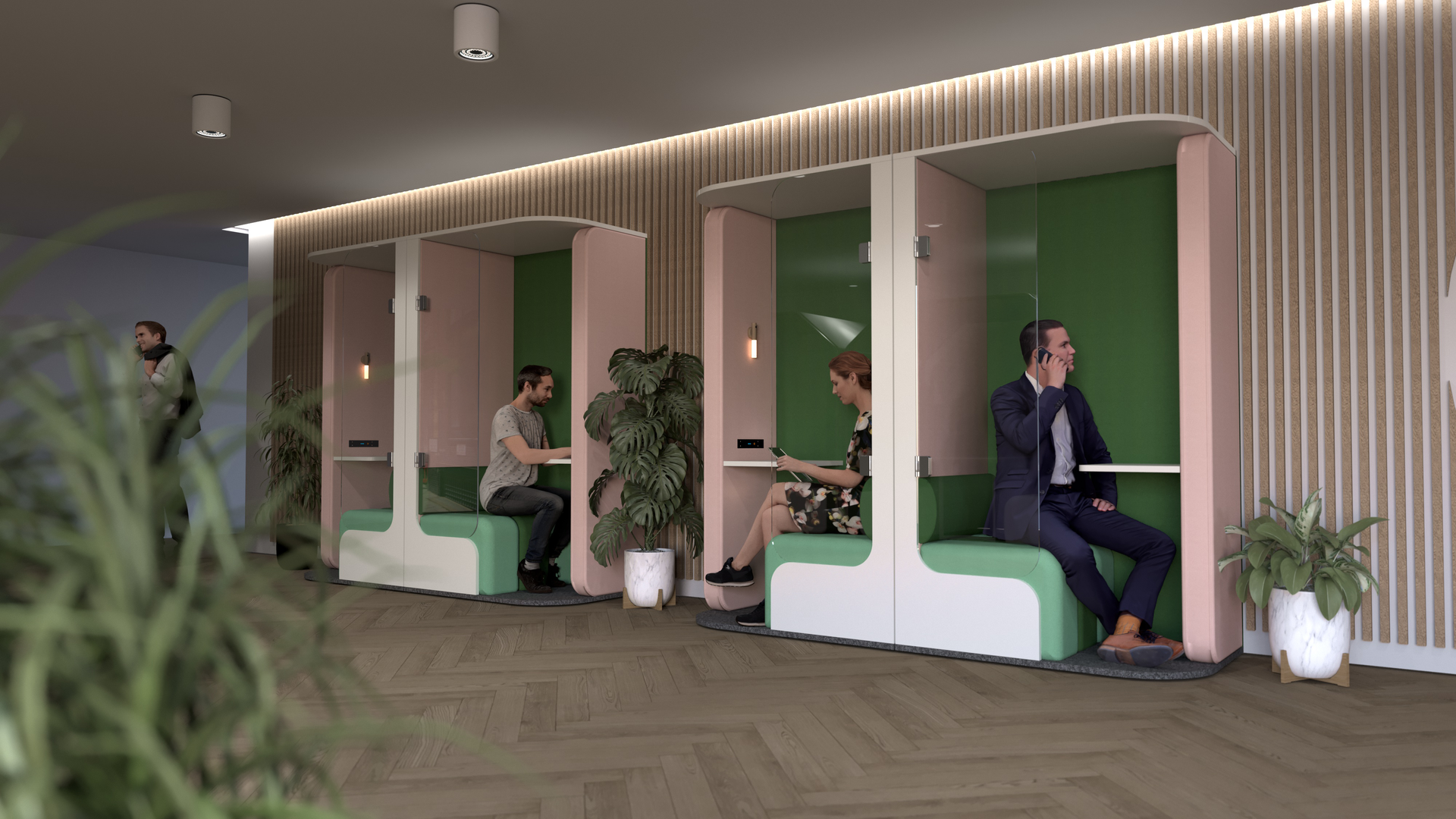 Office space with booths in pink and green, people inside using them, wooden panel wall.