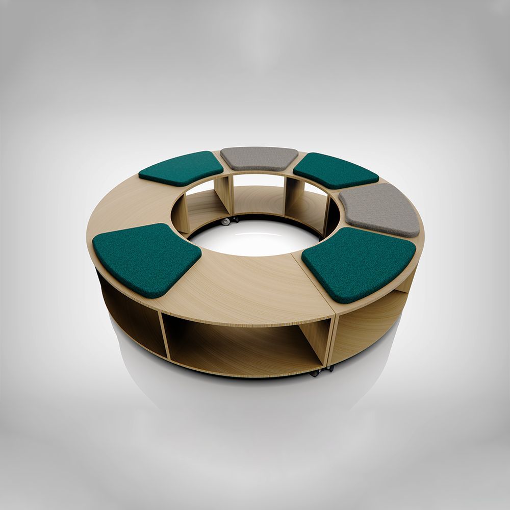 Circular wooden bench with teal and gray cushioned seating and storage compartments.