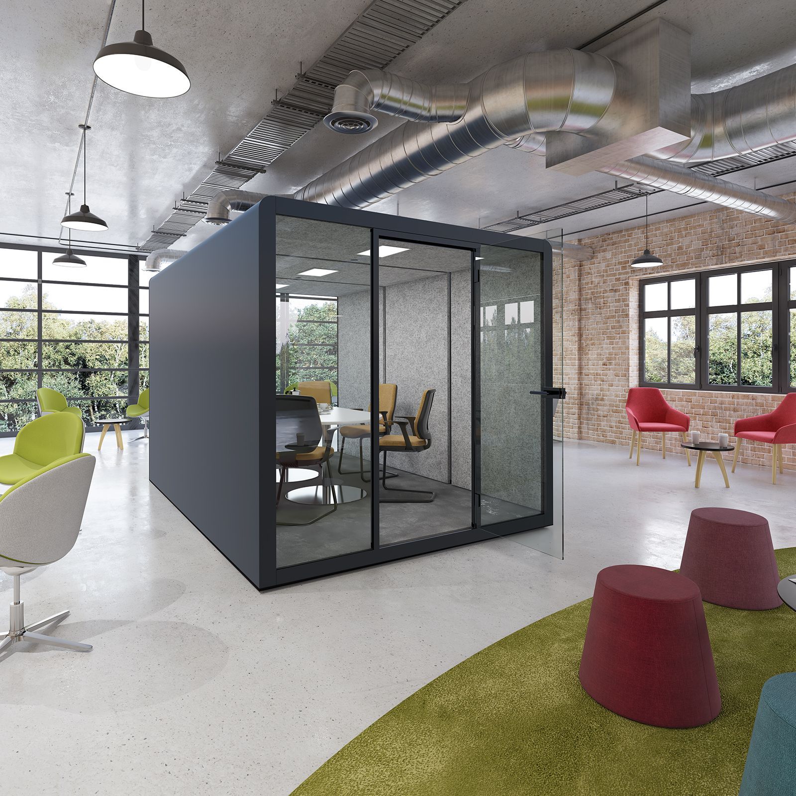 Modern office pod with glass walls, table, chairs, set against an open office with seating and windows.