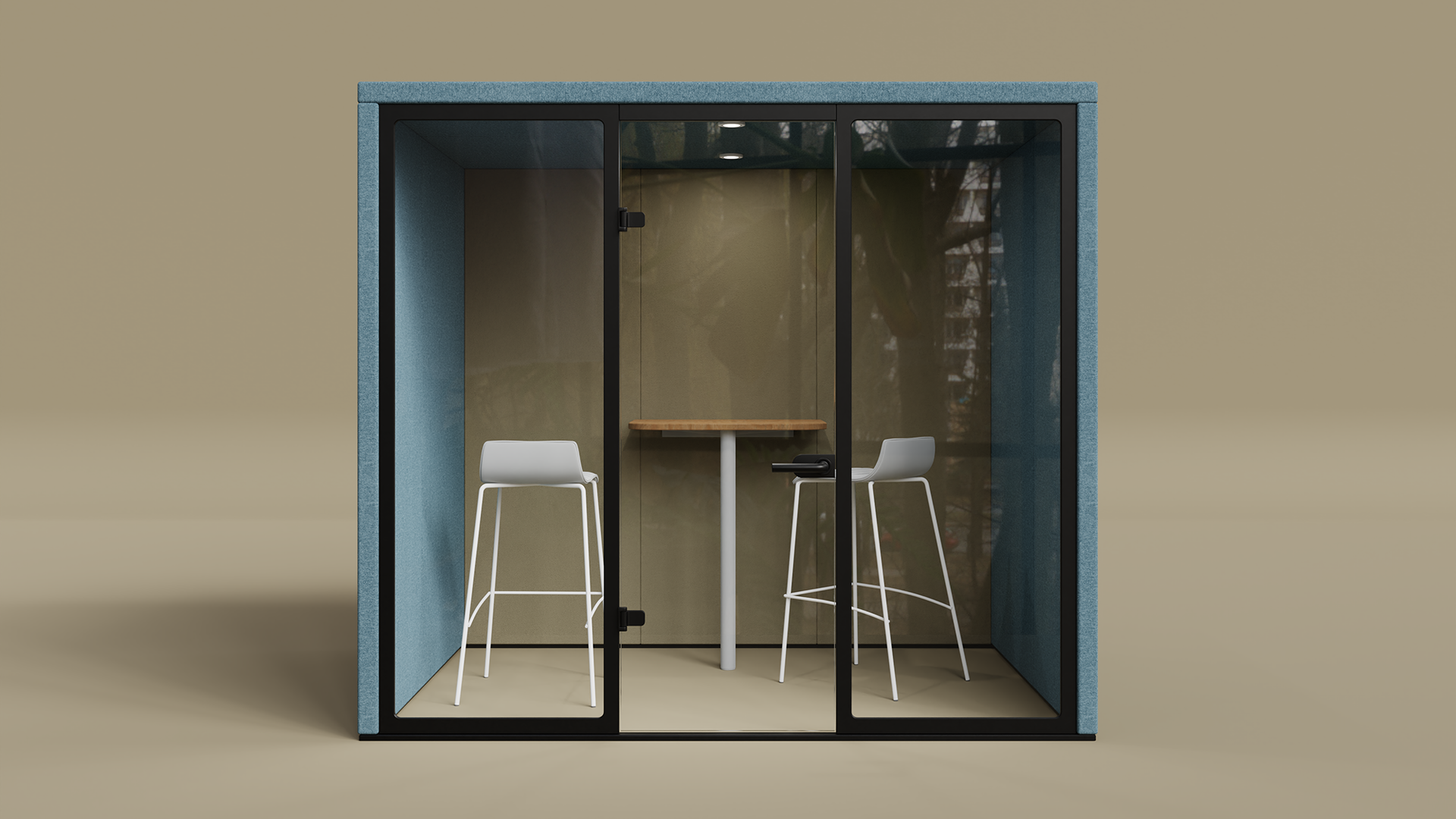 Blue Hyde pod with black frame and glass front. Inside the pod is a tall desk/table and two tall white stools.