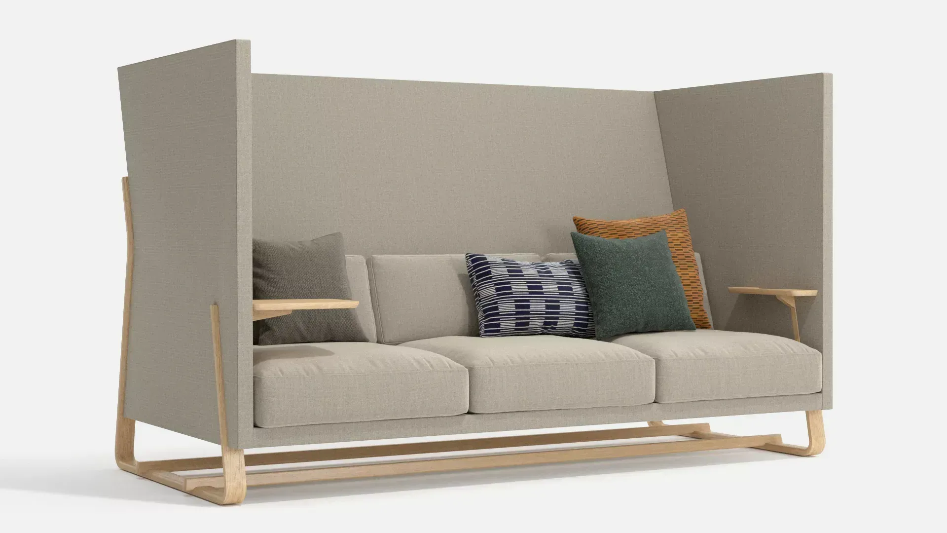 Theo high back sofa in a sandy beige colour with multi-coloured cushions to decorate it. Inside the booth are two small tables on the side to hold your phone, remote, books, etc.