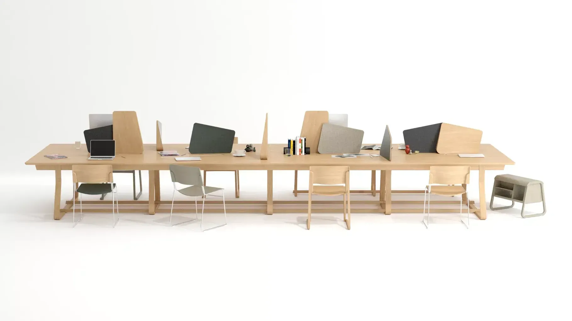 Theo work table with eight workstations. At each station is a chair and each station is divided by acoustic panels to provide soundproofing and privacy. The workstation is a light oak colour.