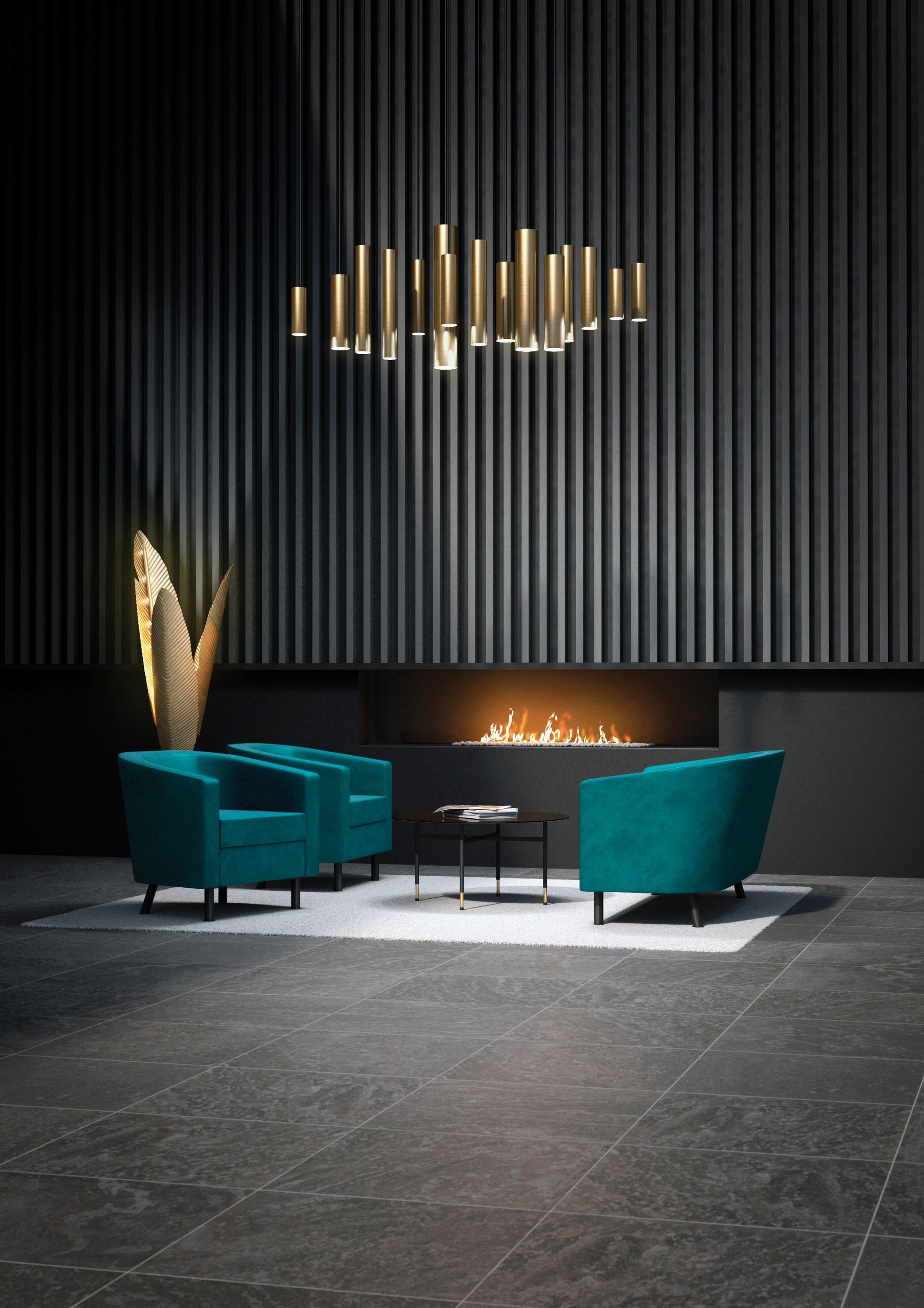 Teal armchairs near a modern fireplace, beneath a golden light fixture against a dark gray, ribbed wall.