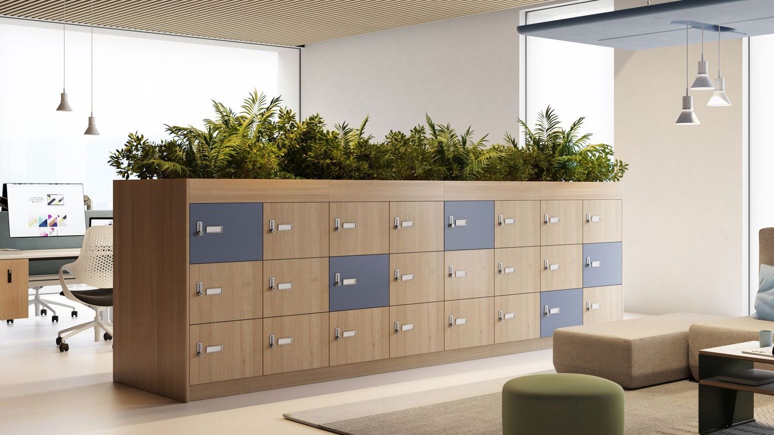 Locker wall unit in wood with 20 wooden locks & four gray lockers. On top of the unit is thriving greenery. The unit is in a tidy office.