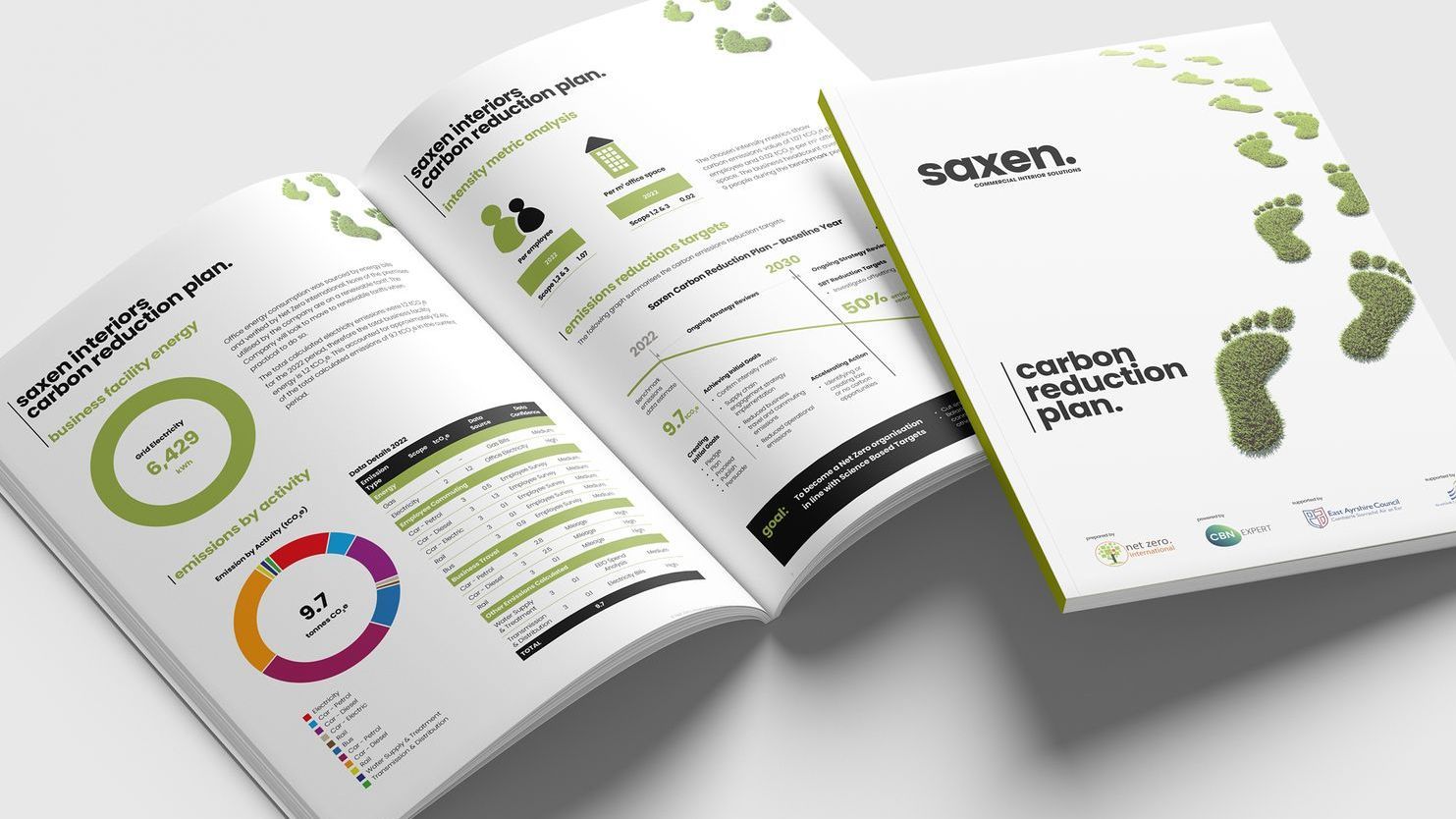 Brochure with green and white graphics showing a carbon reduction plan, featuring footprints and charts.