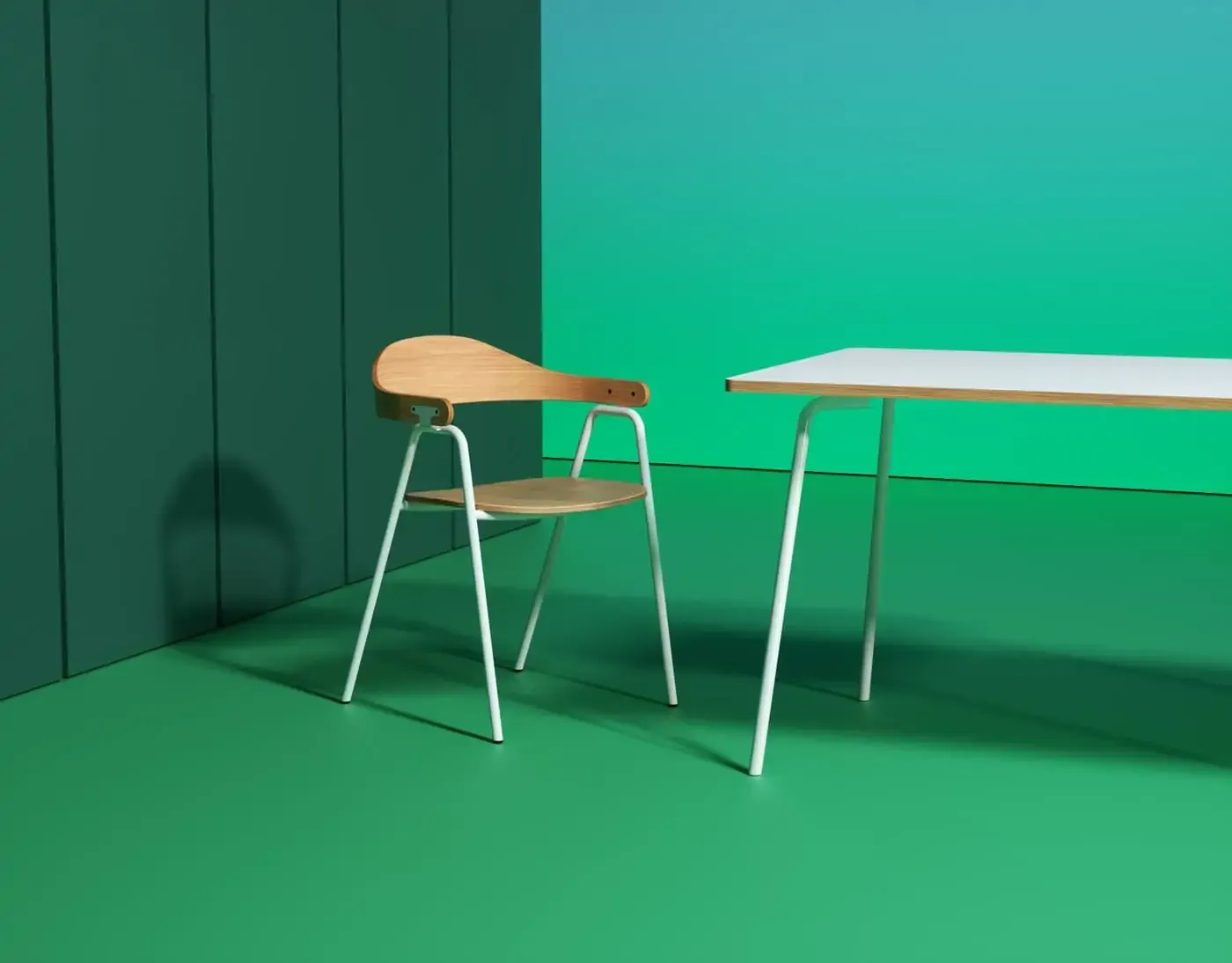 Chair and table with white legs in a teal-green room. The chair has a wooden seat and back.