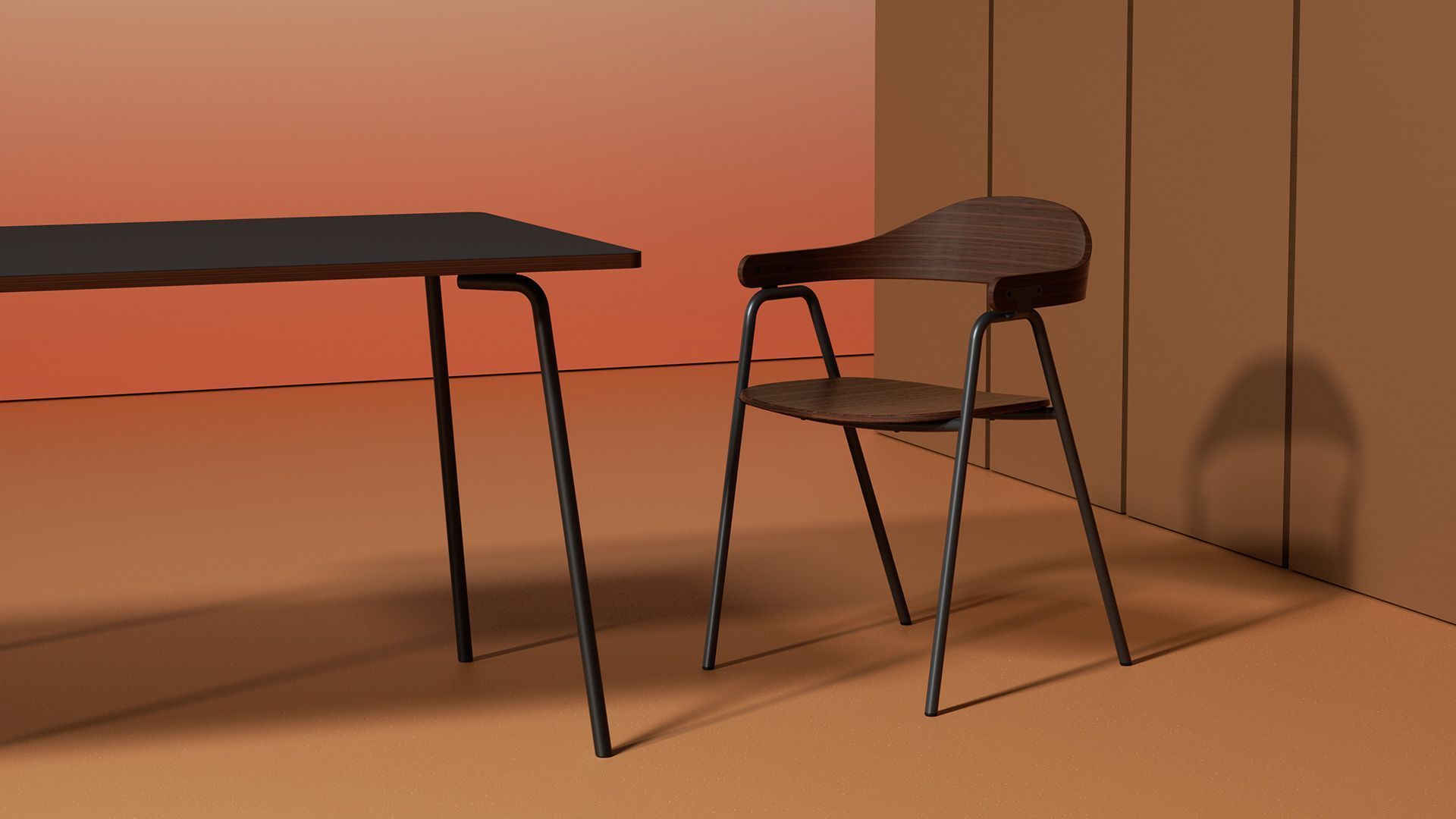 Wooden chair and black table in a warm-toned room, casting shadows.