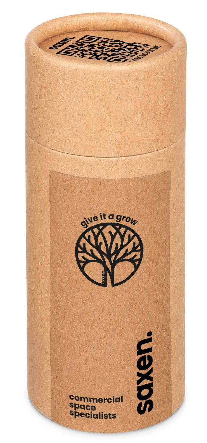 Cylindrical brown container with a tree logo and the name