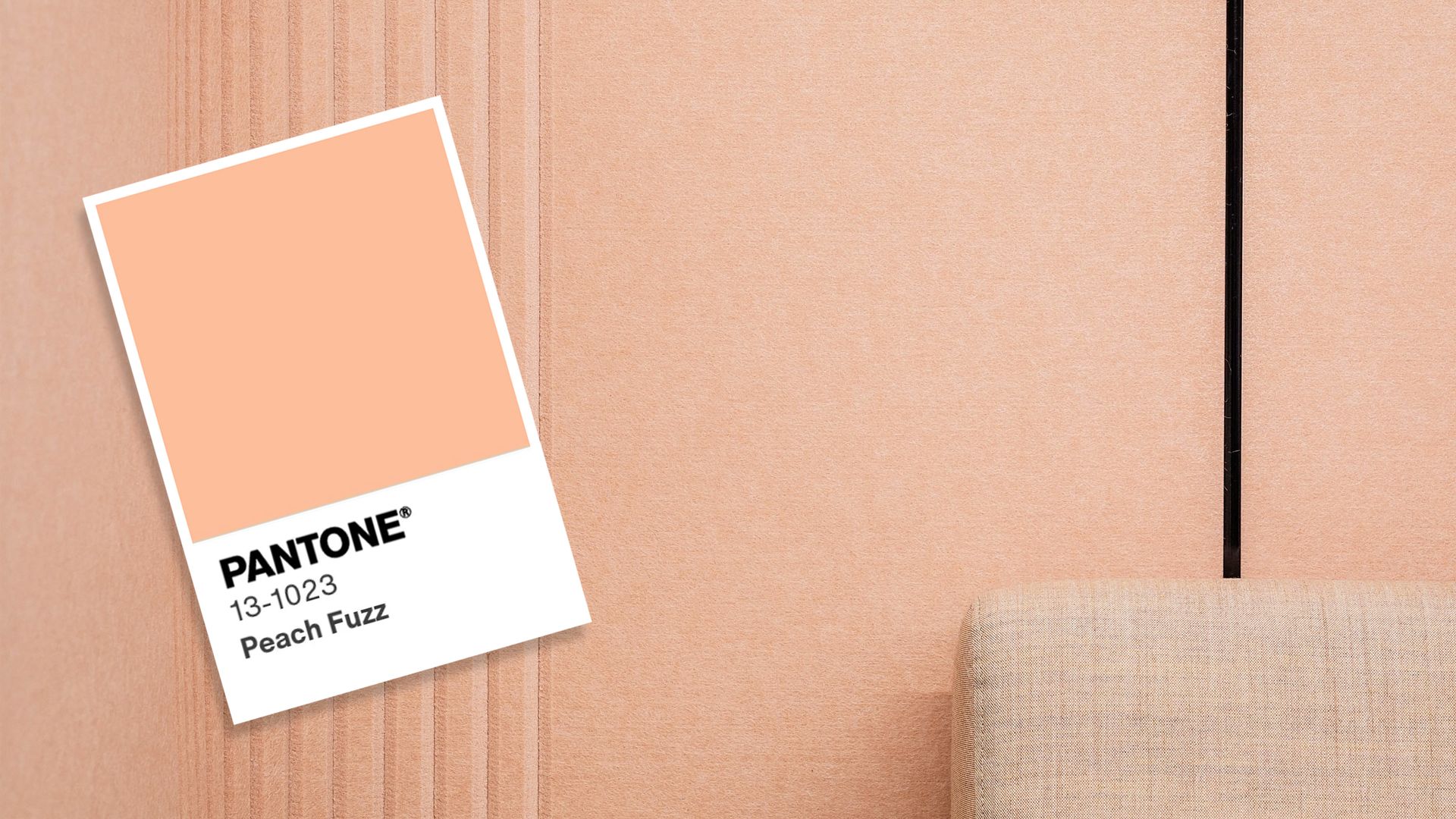 Pantone 'peach fuzz' card on a peach wallpaper.