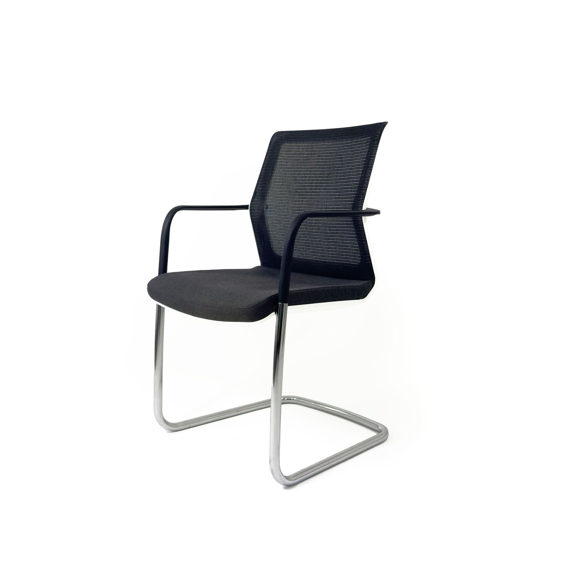 Black mesh office chair with chrome legs, armrests on white background.