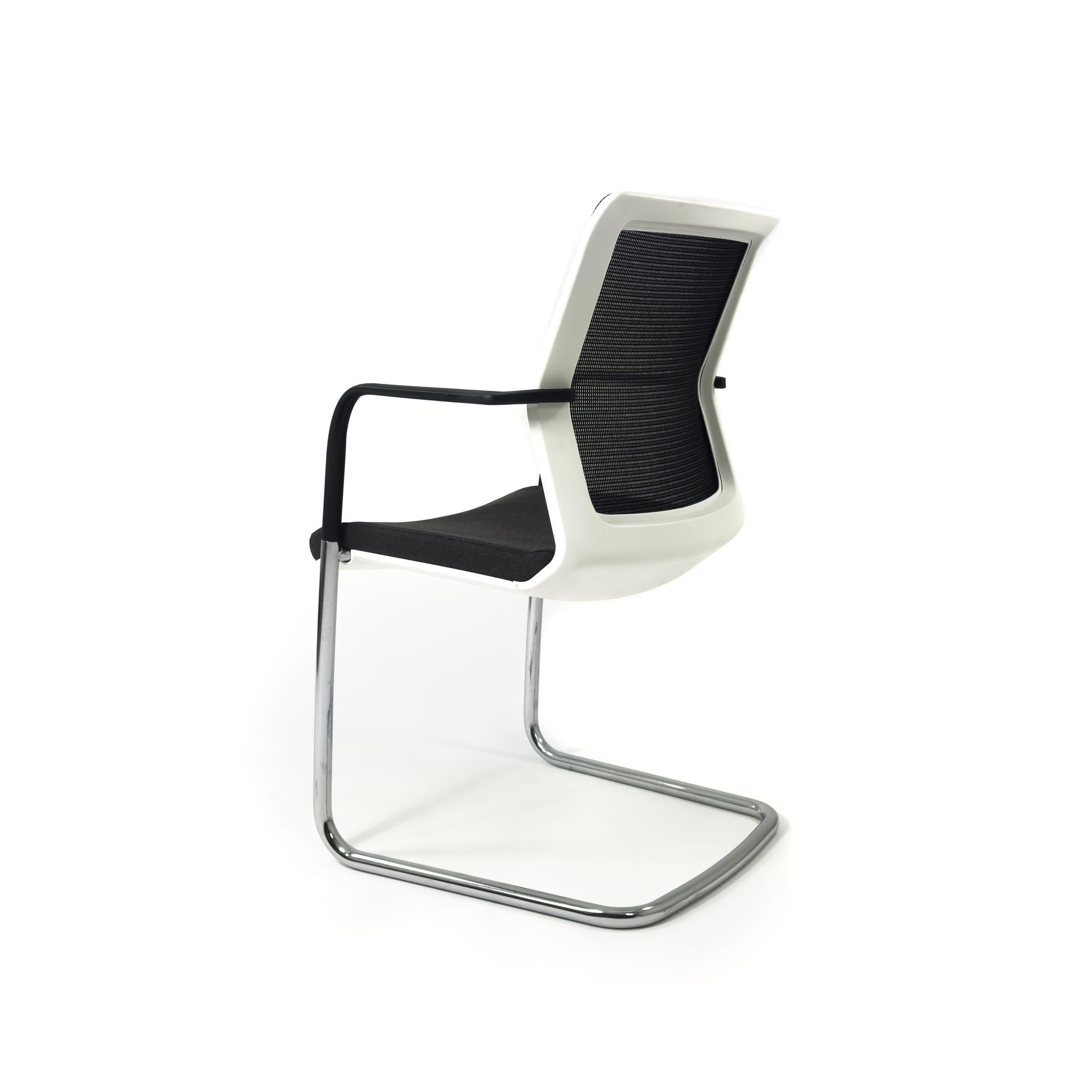 White and black mesh office chair with chrome frame.