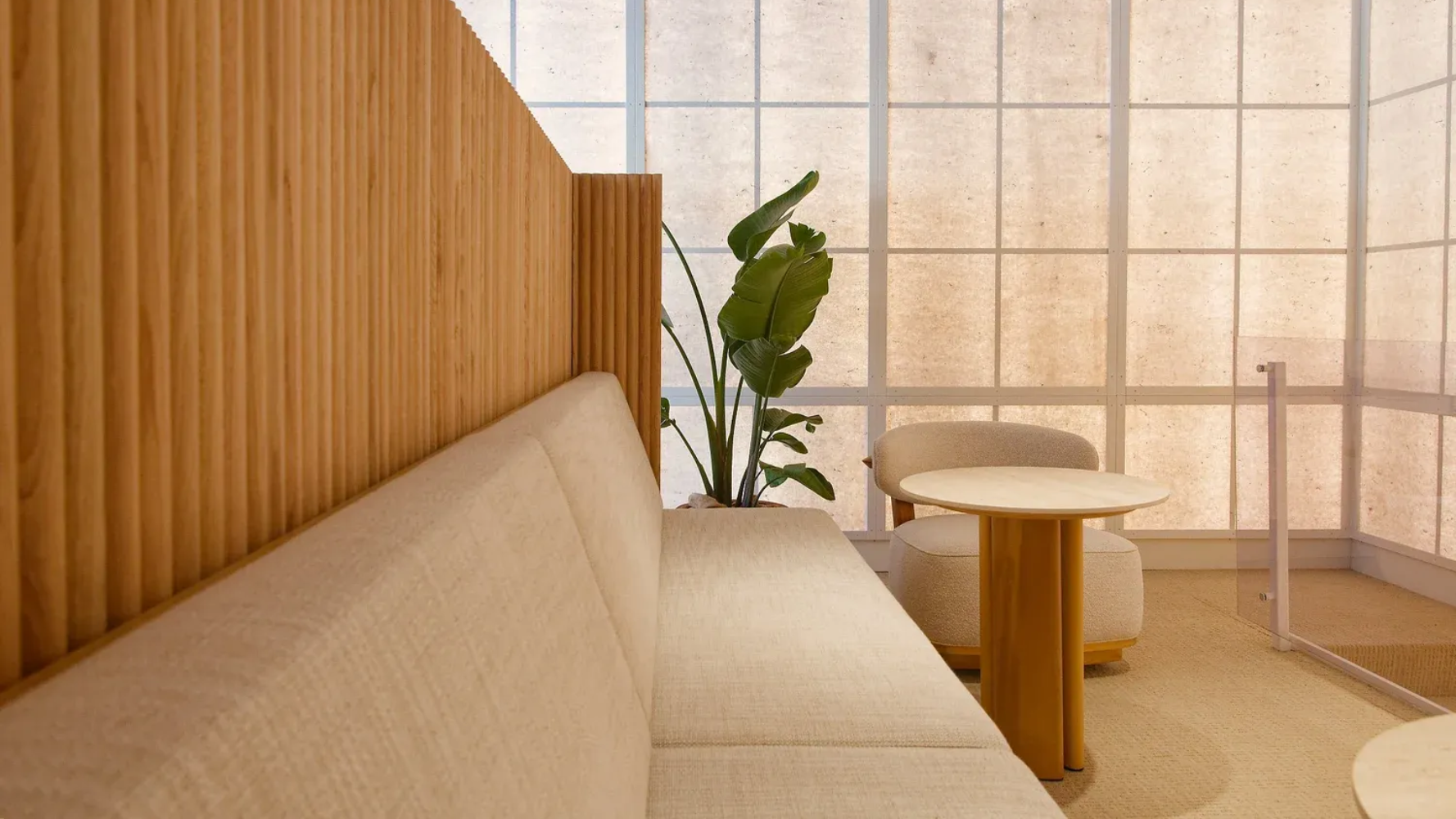 eco-friendly materials on table tops in a midern collaborative office space