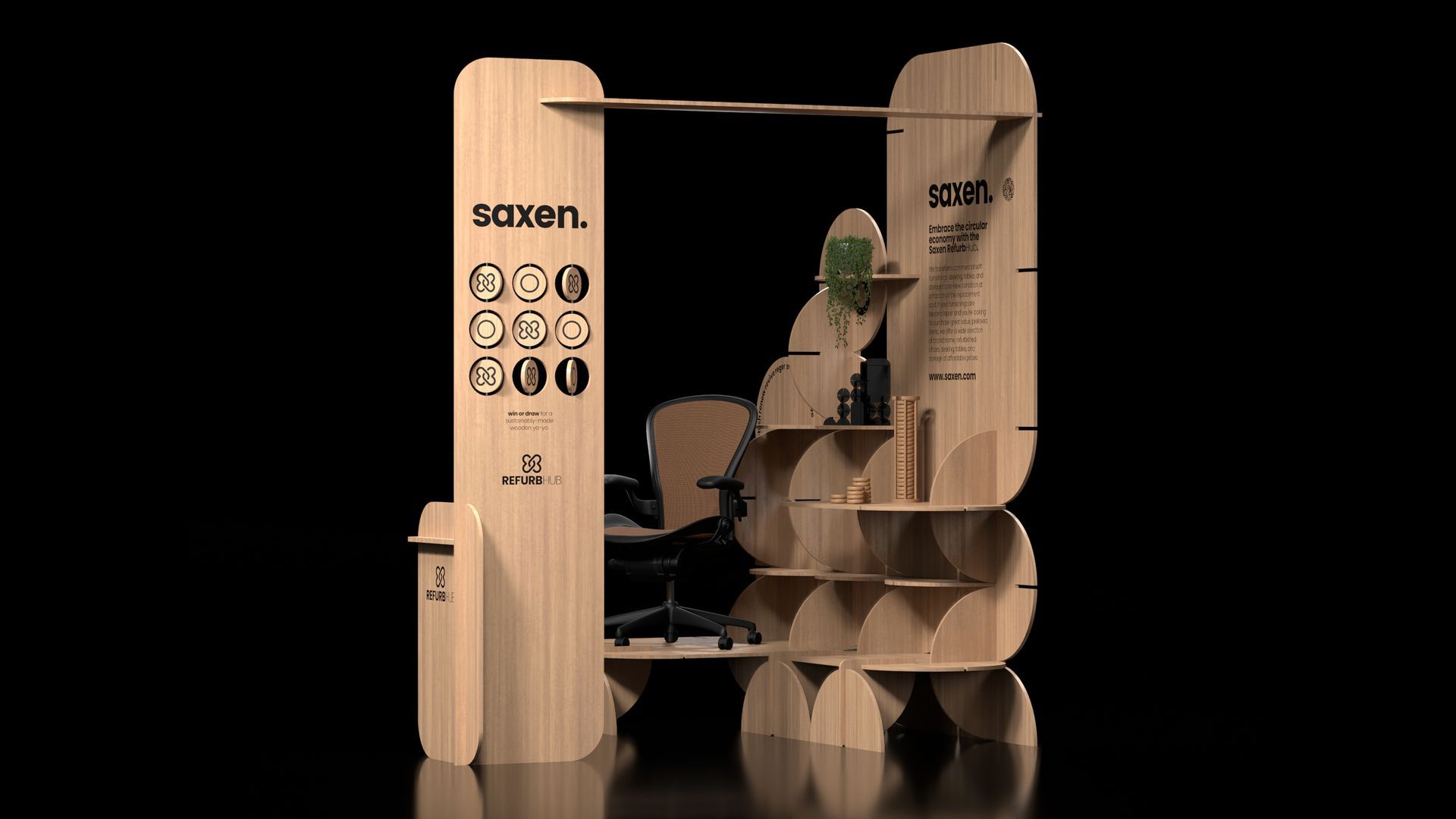 A wooden exhibition stand with a chair, shelves, and a trash can against a black backdrop.