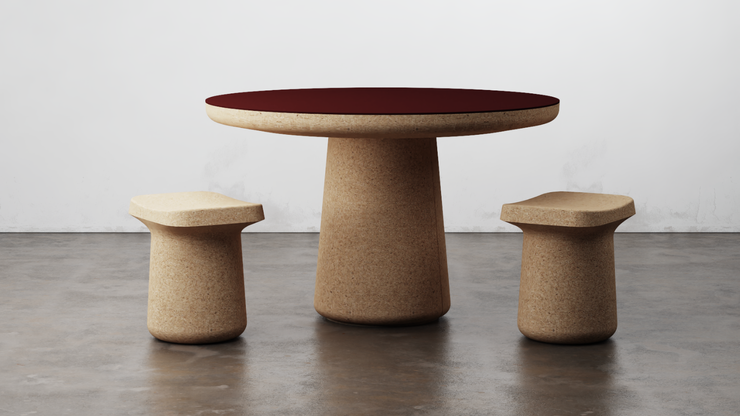 A mushroom-shaped table with two matching stools, all in textured beige, with a dark red tabletop.