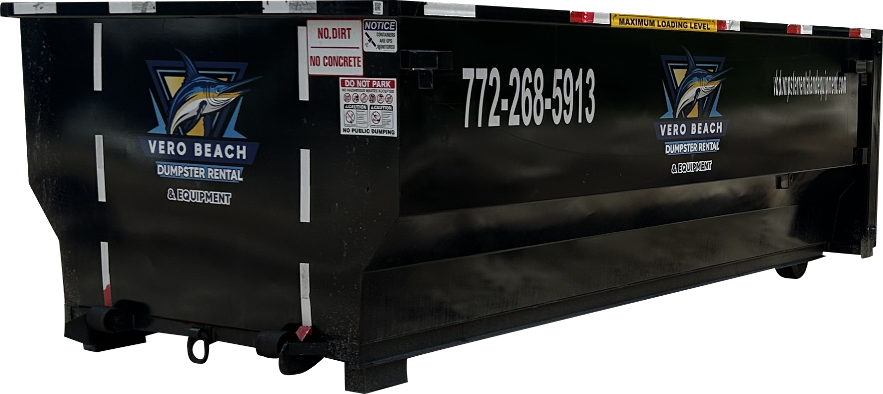 Black dumpster with Vero Beach logo and phone number.