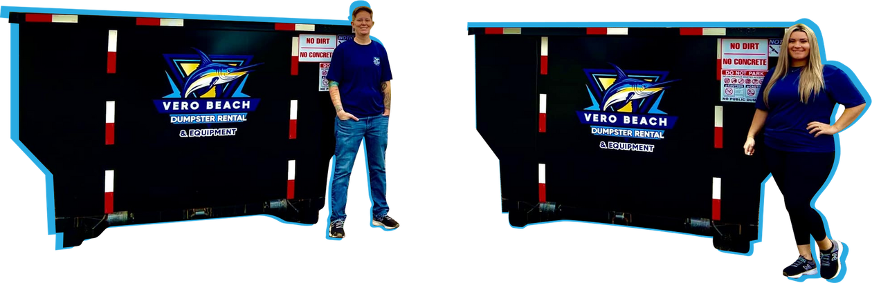 Two people stand by dumpsters. Black dumpsters have logos. Man in blue shirt and jeans. Woman in blue shirt and black pants.