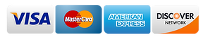 Logos for Visa, MasterCard, American Express, and Discover Network credit cards.