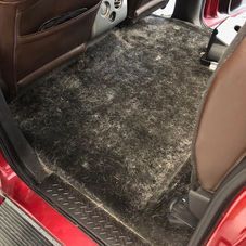 The floor of a red vehicle covered in dense, matted dark pet hair or lint, viewed from the rear passenger doorway.