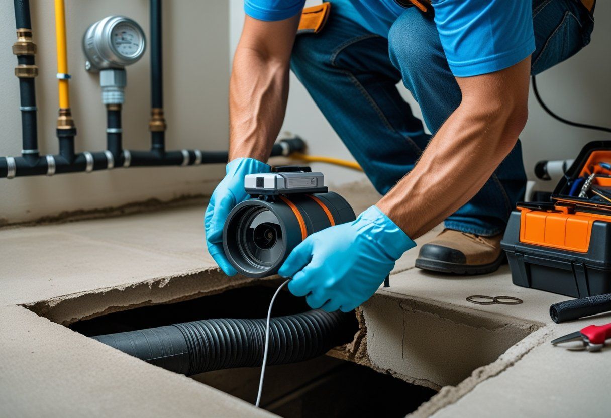 Technician in blue gloves using a drain camera over an open floor drain near plumbing pipes