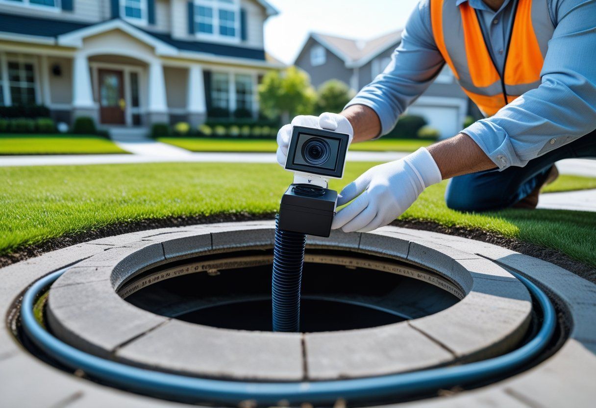 Worker inspecting a sewer pipe with a camera near a suburban sidewalk