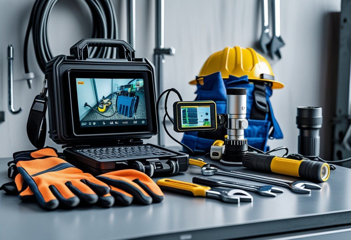 Tool kit with hard hat, gloves, laptop, and handheld device on a workbench in a workshop