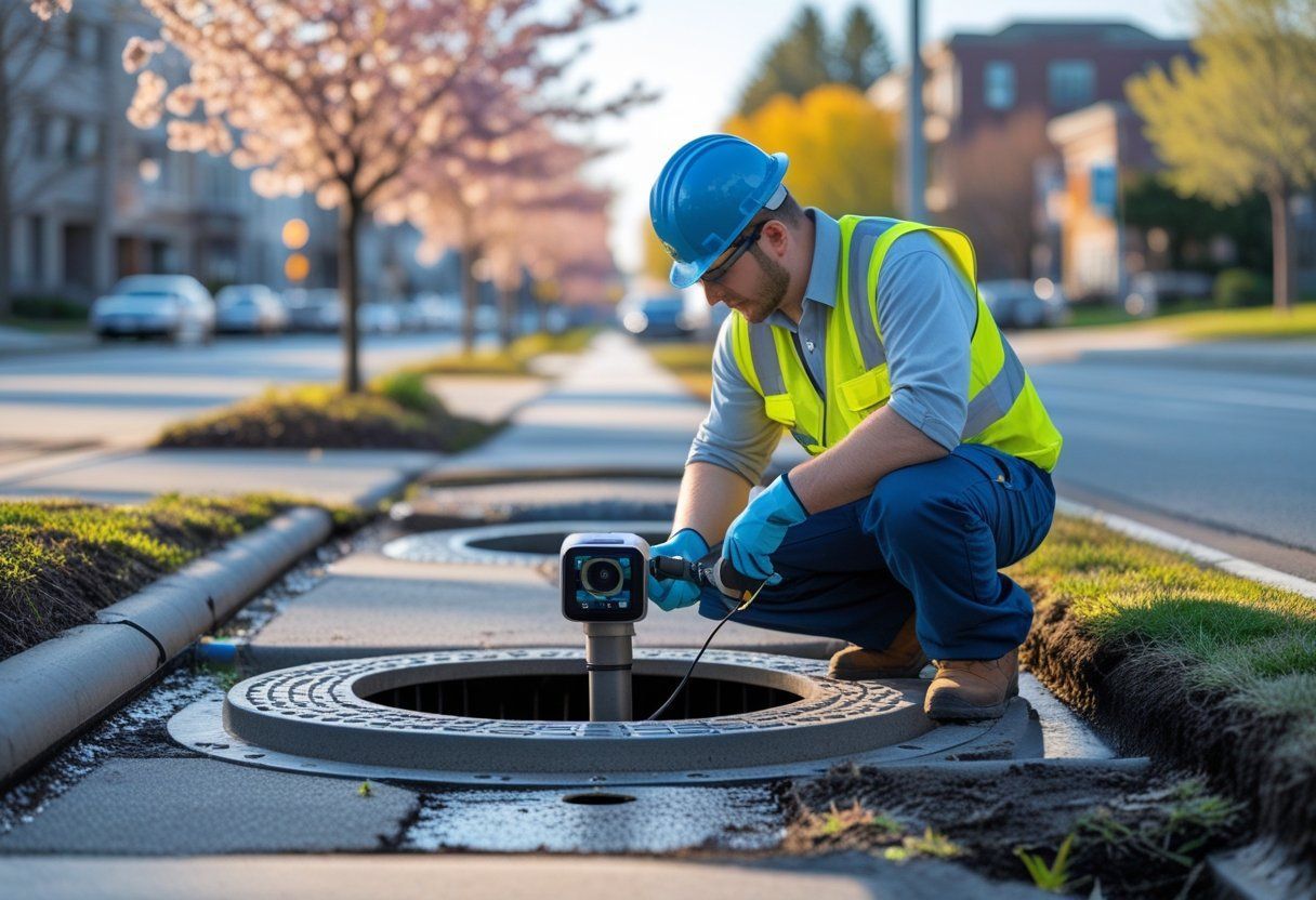 Worker in blue hard hat inspecting a manhole on a street with a camera device