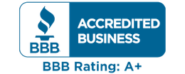 BBB Accredited Business badge with torch logo and “BBB Rating: A+” on a blue background