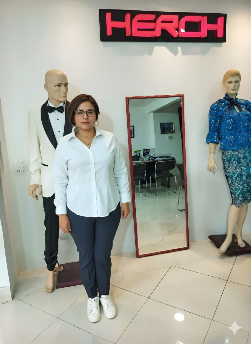 Mujer entre maniquíes y espejos, bajo el logotipo iluminado de HERCH UNIFORMES EMPRESARIALES Y ALTA COSTURA.