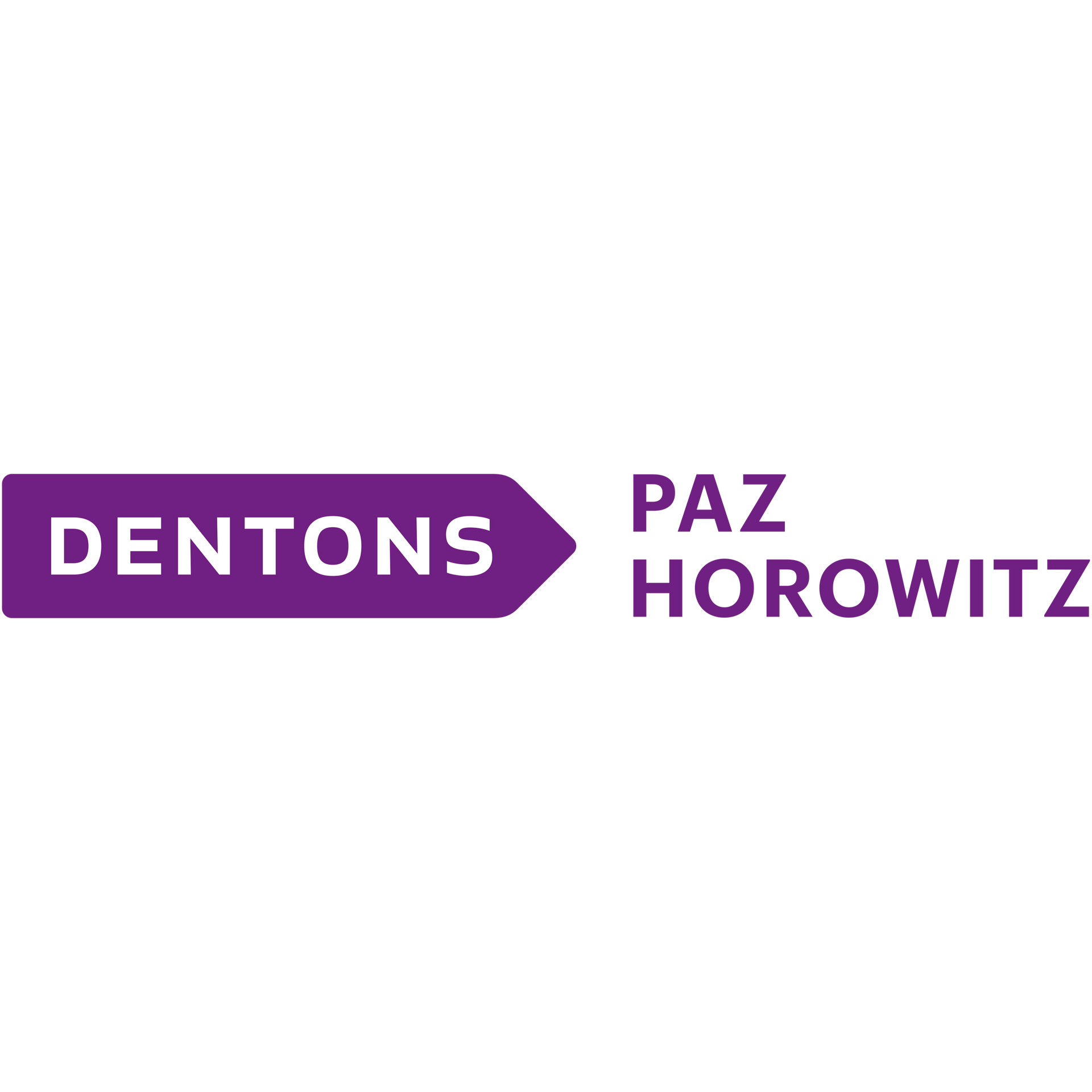 Logotipo de Dentons Paz Horowitz: texto morado y diseño de flecha sobre fondo blanco.