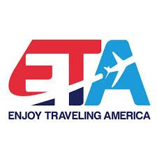 Logotipo de ETA: letras rojas, blancas y azules con un avión estilizado, lema: 