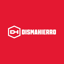 Logotipo de Dismahierro: texto y emblema blancos sobre fondo rojo. El emblema tiene la inscripción 
