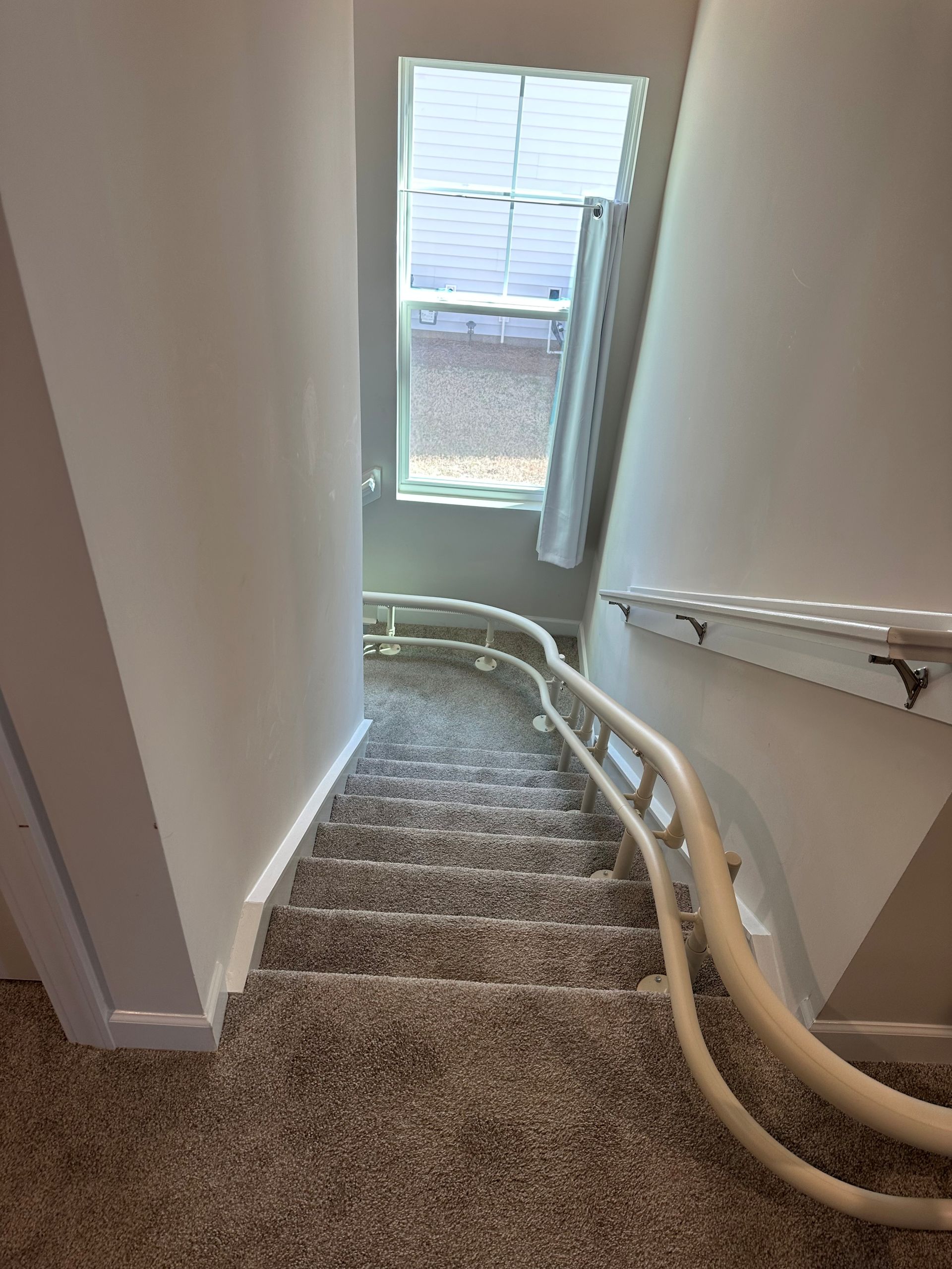 Carpeted staircase with two hoses running down the steps toward a bright window.