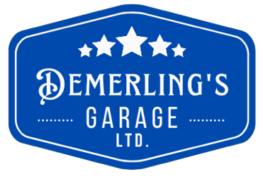 A blue and white logo for demerling 's garage ltd