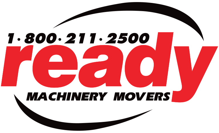 A red and black logo for ready machinery movers