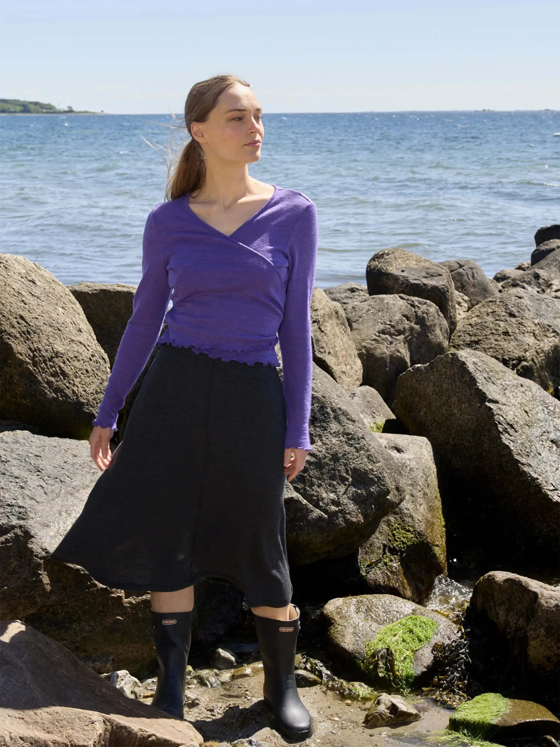 Wrap cardigan merino eyelet violet melange