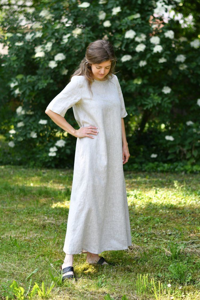 Long linen dress with sleeves beige melange