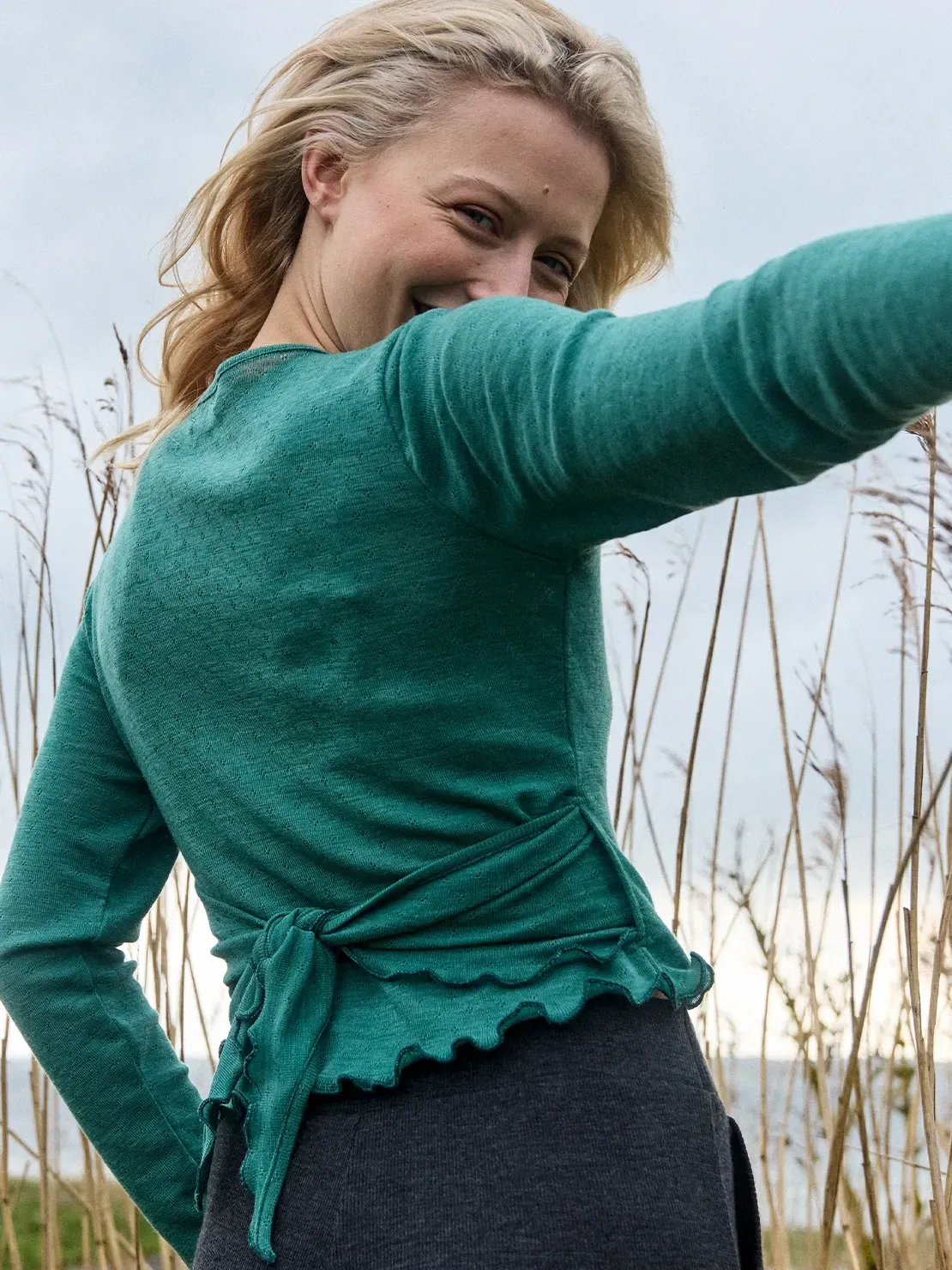 Merino eyelet wrap cardigan emerald melange