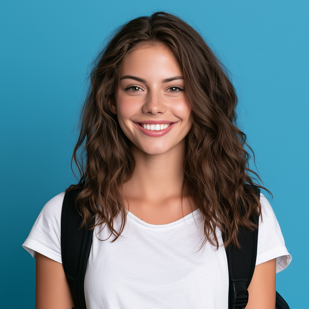 Smiling person with wavy brown hair wearing a white shirt and black backpack against a blue background
