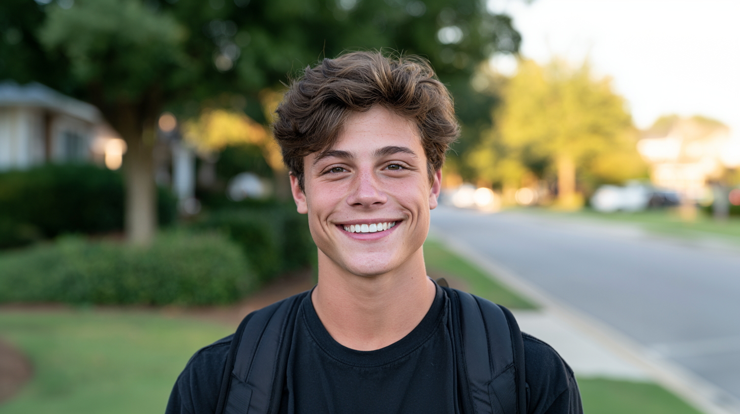 Teen boy smiling outdoors while receiving clear aligner treatment from Jernigan Orthodontics