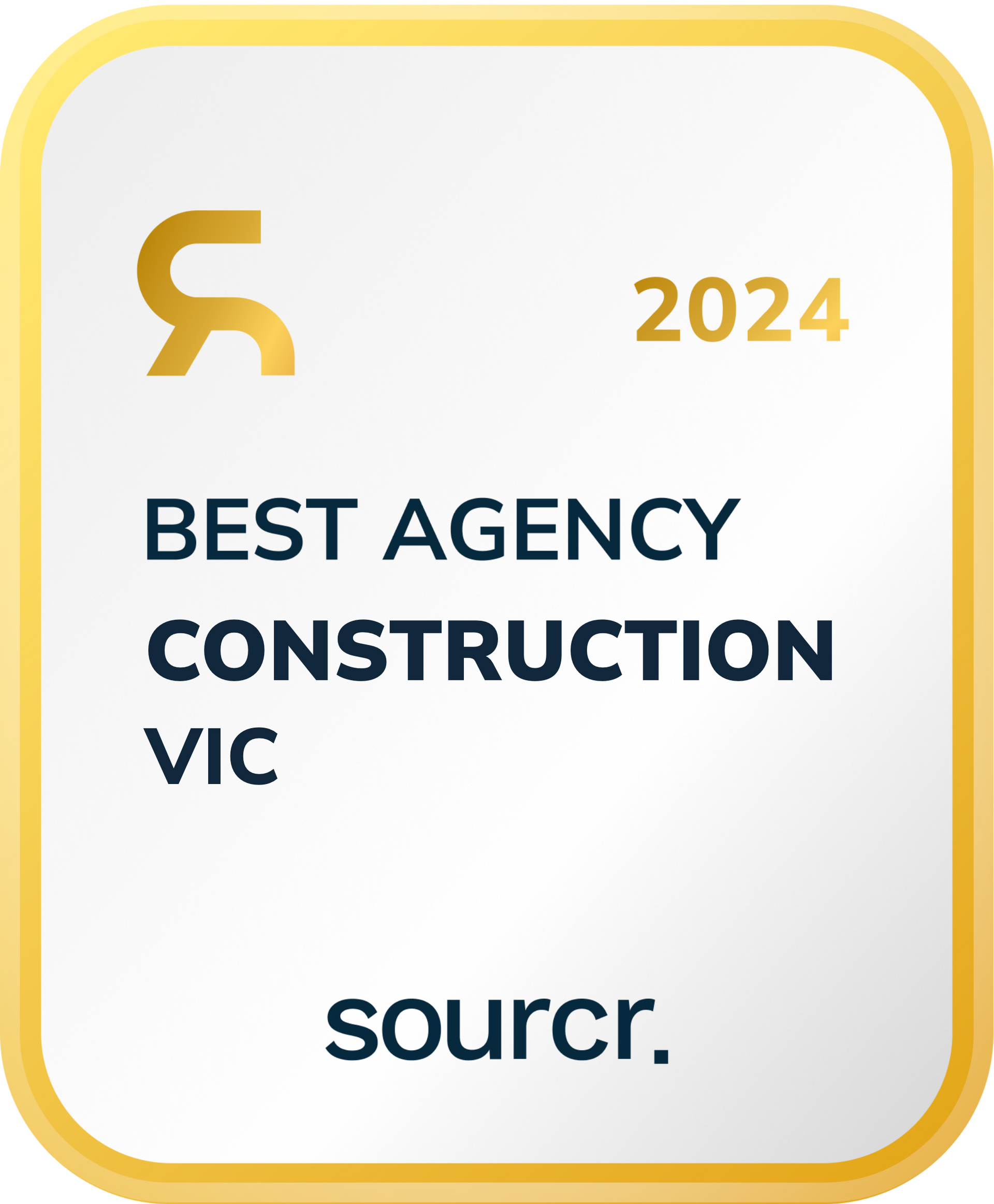 A white and gold badge that says `` best agency construction vic ''.