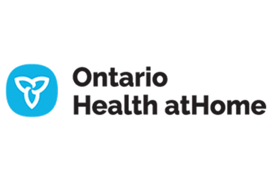 The ontario health at home logo is a blue circle with a heart in it.