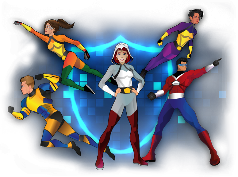 A group of cartoon characters are standing in front of a shield